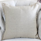 Handmade Linen Cushion Cover With Shiny Lurex Fringes Cream 20x20