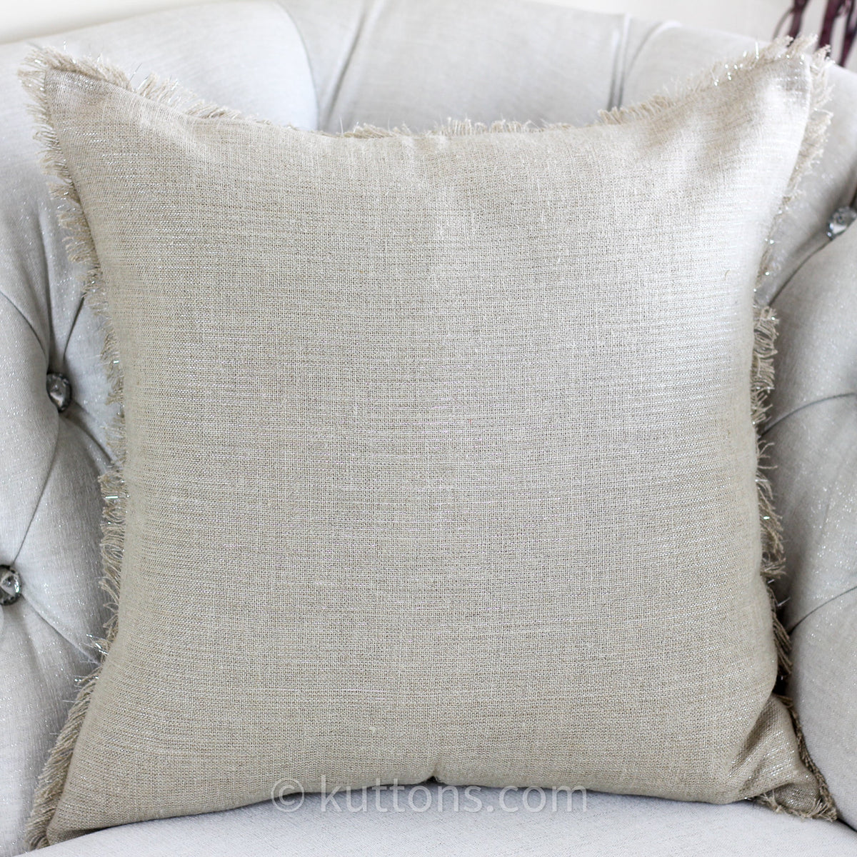 Handmade Linen Cushion Cover With Shiny Lurex Fringes Cream 20x20
