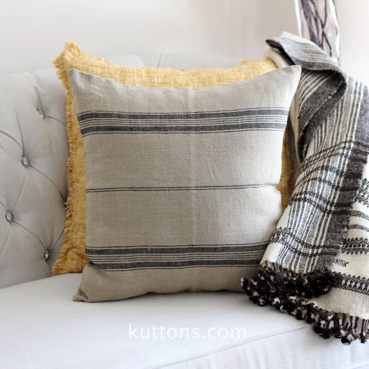 Handmade Natural Linen Cushion Cover Black Stripes Throw Pillow Brown 20x20