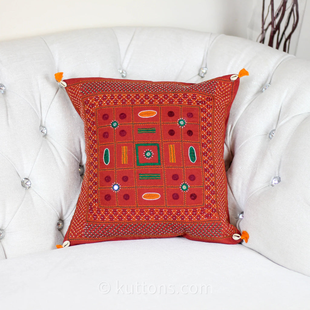 Tribal Lambani Hand Embroidered Cushion Cover With Kodi Sea Shell Tassels Banjara Decorative Throw Pillow Carmine 16x16