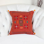 Tribal Lambani Hand Embroidered Cushion Cover With Kodi Sea Shell Tassels Banjara Decorative Throw Pillow Carmine 16x16