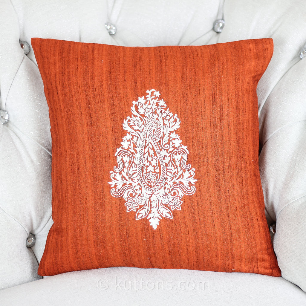Embroidered Silk Blend Handloom Cushion Cover Paisley Motif Orange 16x16