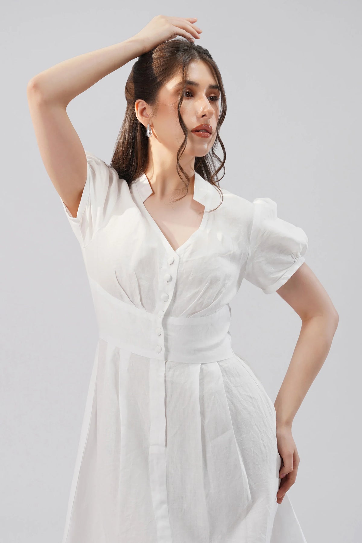 Puff Sleeve Linen Midi Dress with V Neck Button Front