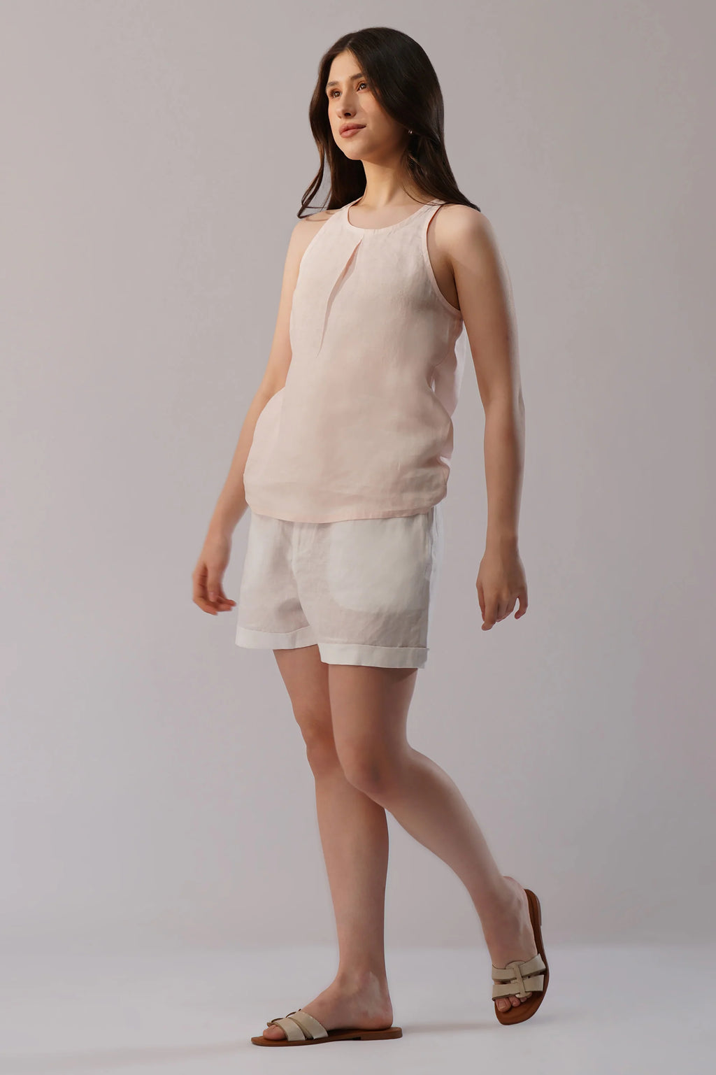 Sleeveless High Neck Linen Tank Top with Front Pleat