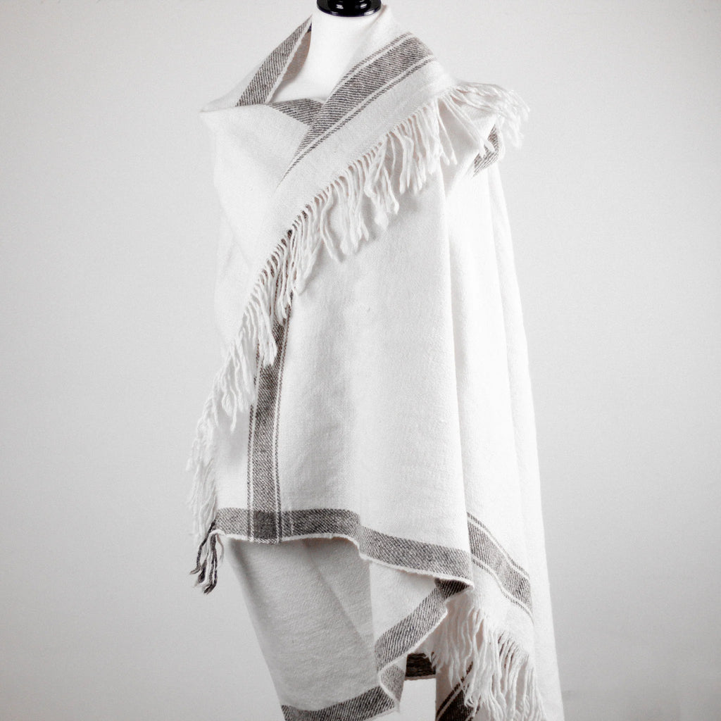 Handwoven Pure Himalayan Sheep Wool Shawl Rustic Warm Blanket White Cream 39x82