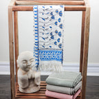 Hand Block Printed Handwoven Decorative Cotton Bath Towel White Blue 29x62