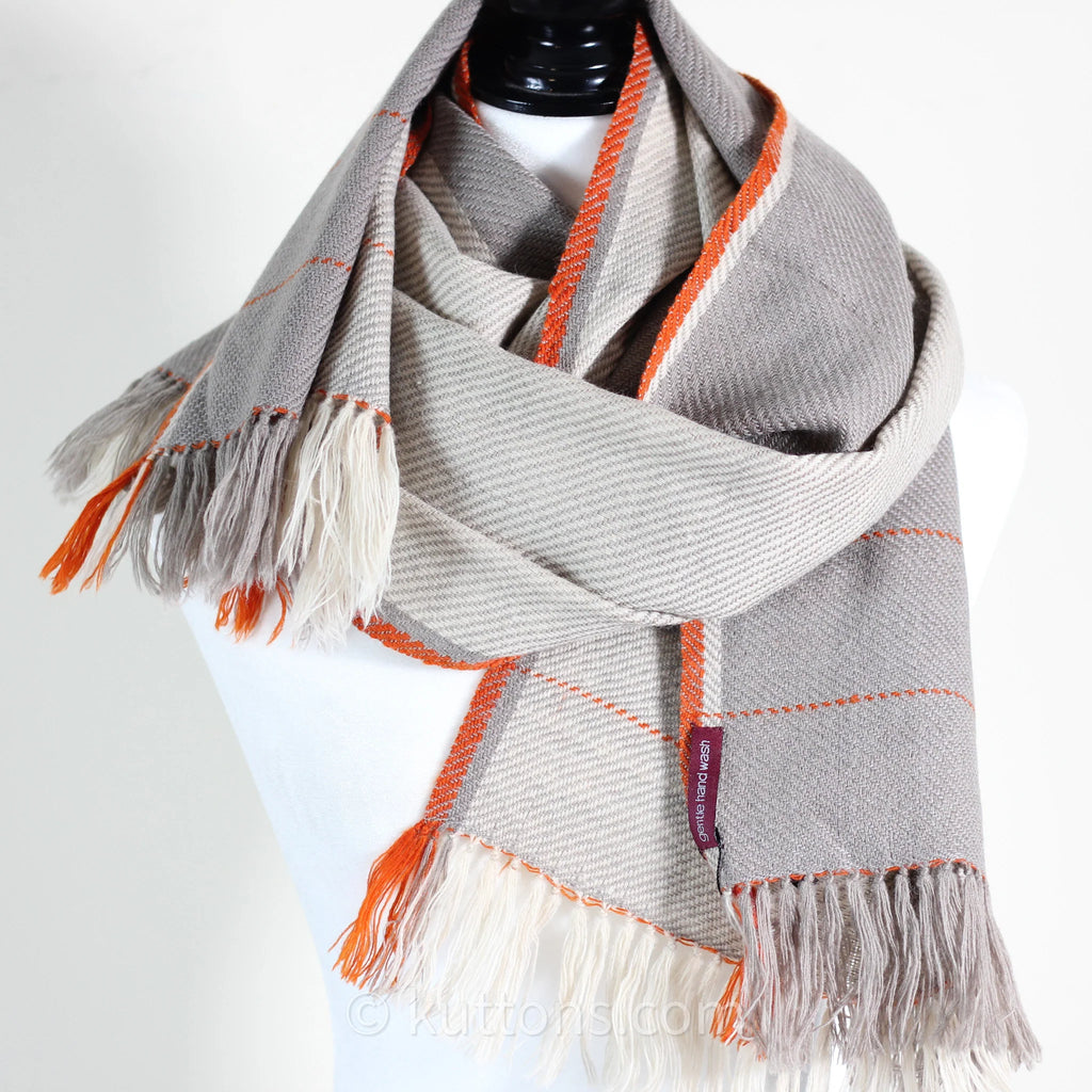 Handwoven Merino Himalayan Wool Stole Naturally Dyed Wrap with Tea Tesu Flowers and Harada Cream Gray 21x80