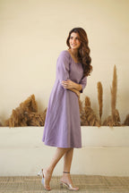 Lilac women linen dress Round neck linen tunic with princess seams long sleeve Zipper lining
