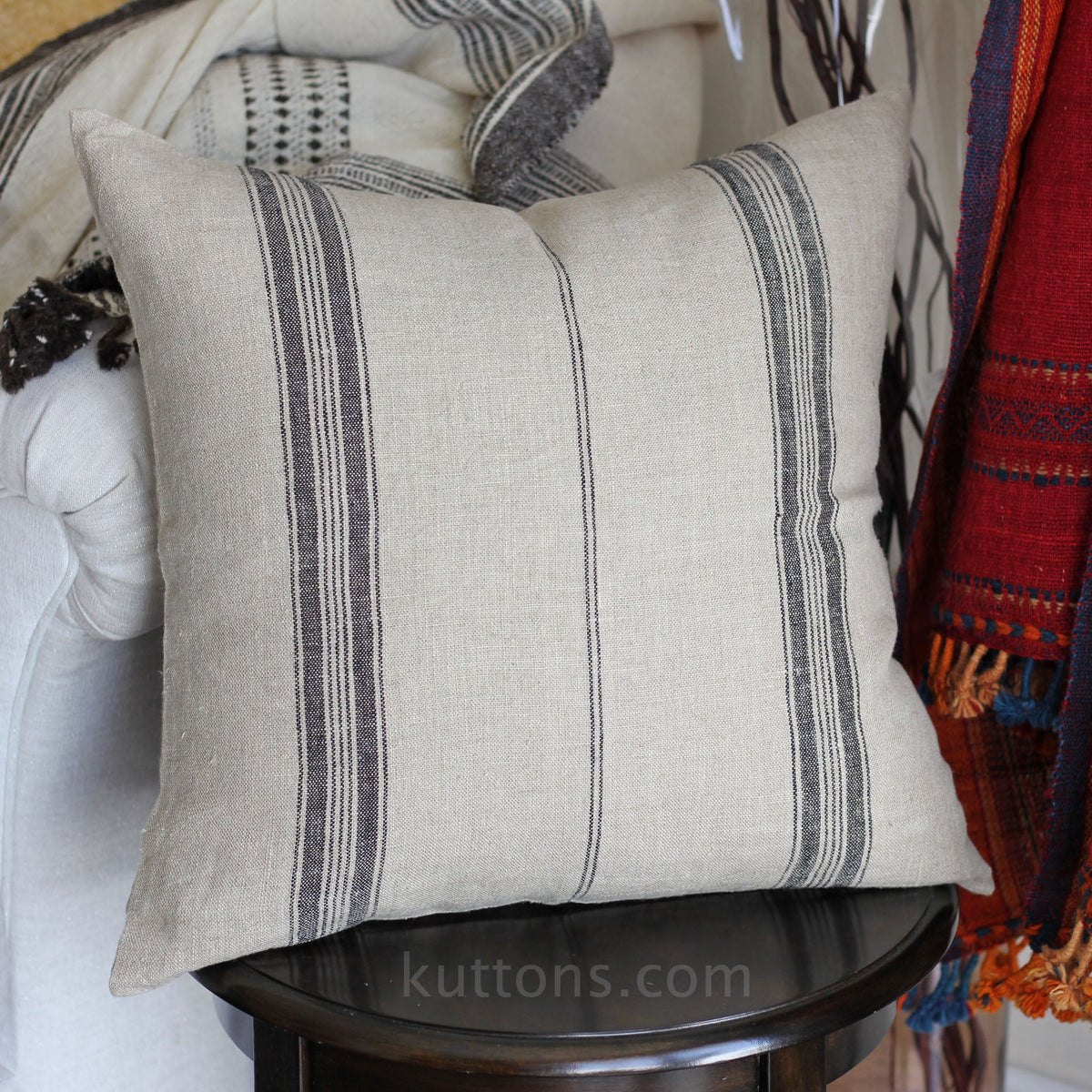 Handmade Natural Linen Cushion Cover Black Stripes Throw Pillow Brown 20x20