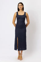 Fitted Square Neck European Linen Midi Dress with Back Tie