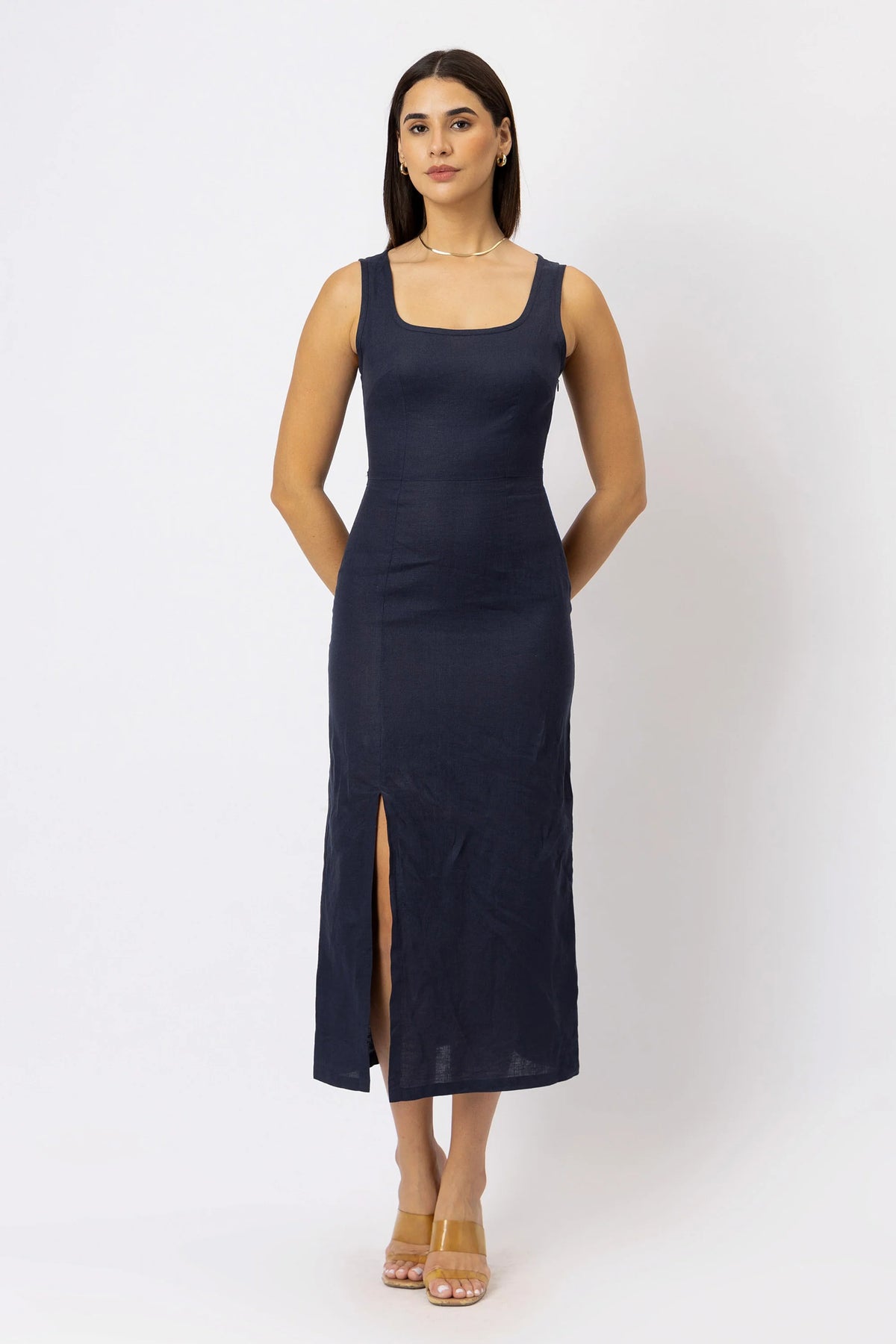 Fitted Square Neck European Linen Midi Dress with Back Tie