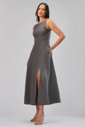 Sculpt Linen Midi Dress Sleeveless Boat Neck Dress with Front Slit