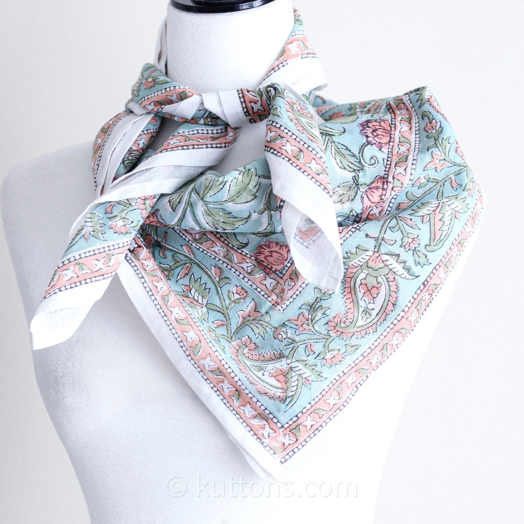 Sanganeri Hand Block Printed Cotton Bandana Soft Lightweight Airy Aqua Green 42x43