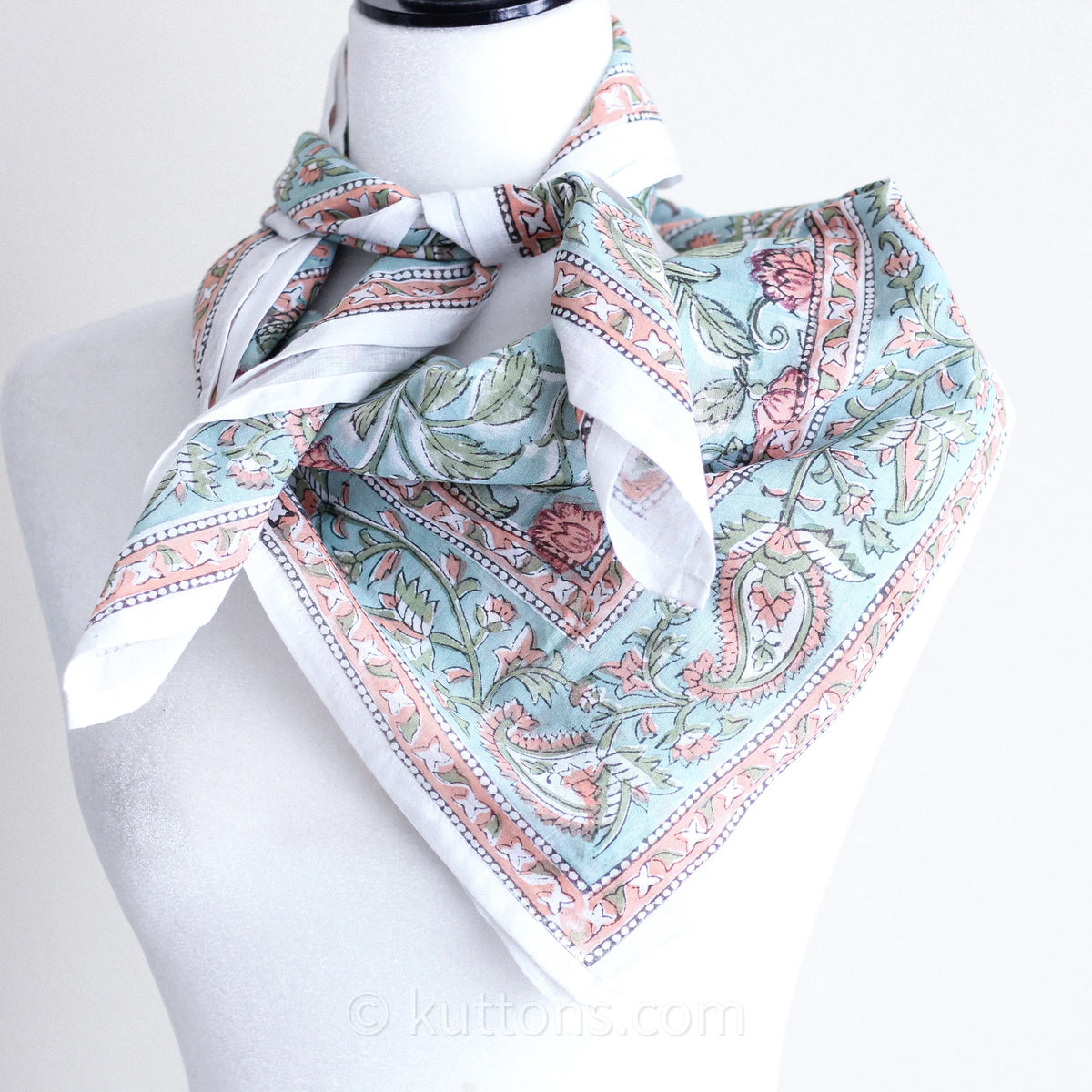Sanganeri Hand Block Printed Cotton Bandana Soft Lightweight Airy Aqua Green 42x43