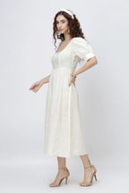Square Neck Puff Sleeve Linen Midi Dress in Premium European Linen