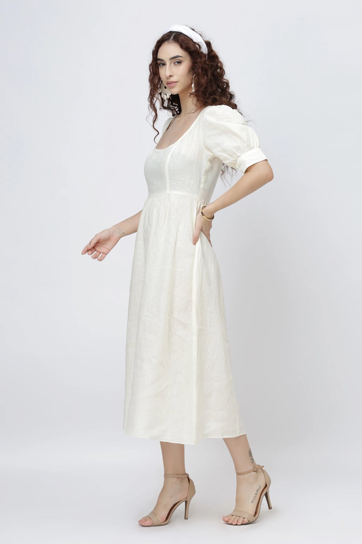 Square Neck Puff Sleeve Linen Midi Dress in Premium European Linen