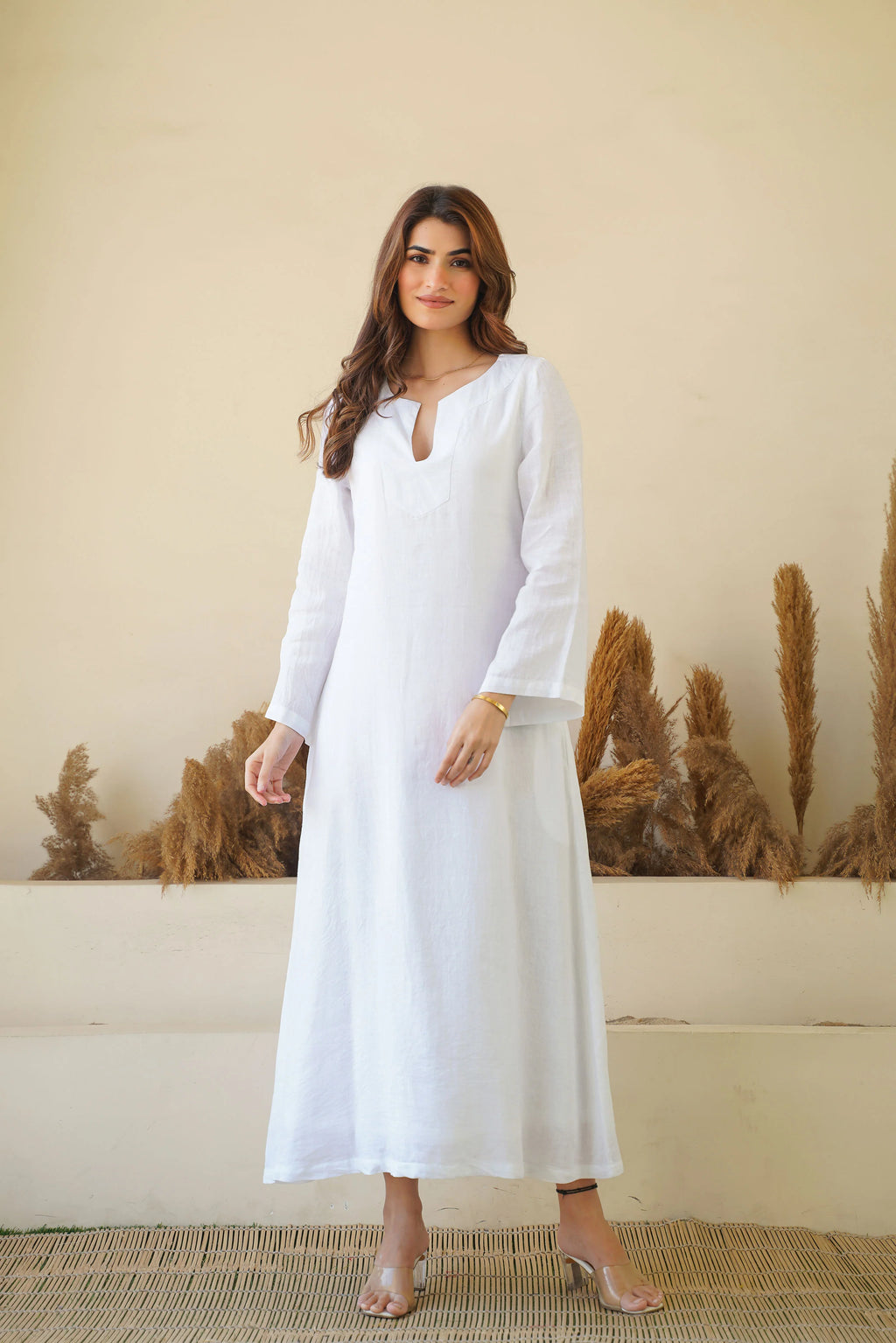 Linen Kaftan Dress Breezy White Pure Elegance Flowy Kaftan Maxi Dress with Full Sleeves Cotton Lining