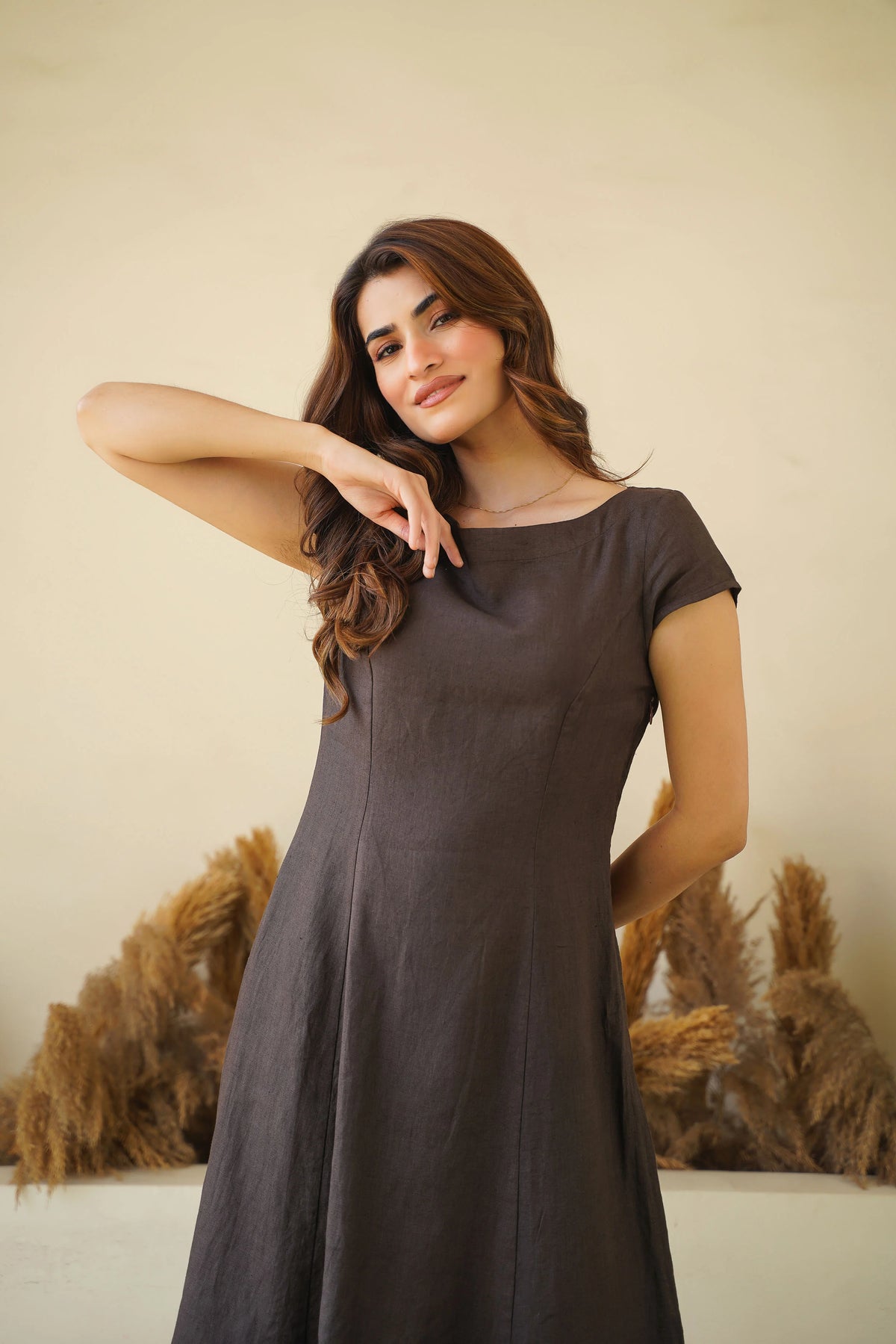 Brown Bliss Linen Dress with Cap Sleeves Boat Neck Princess Seams Short Linen Tunic Dress