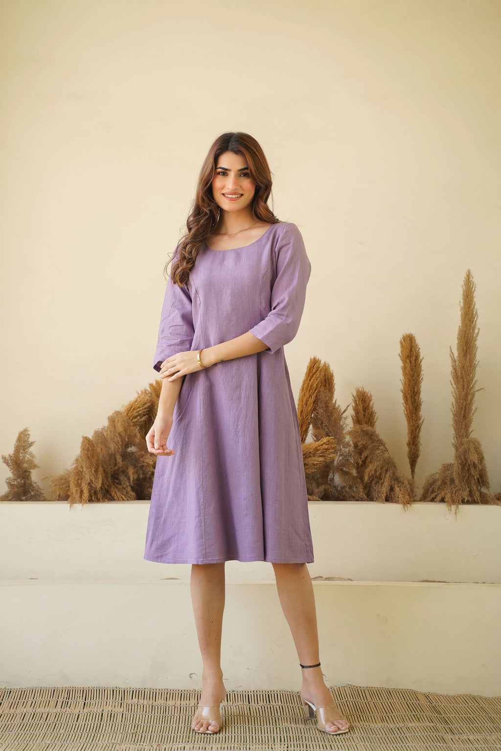 Lilac women linen dress Round neck linen tunic with princess seams long sleeve Zipper lining