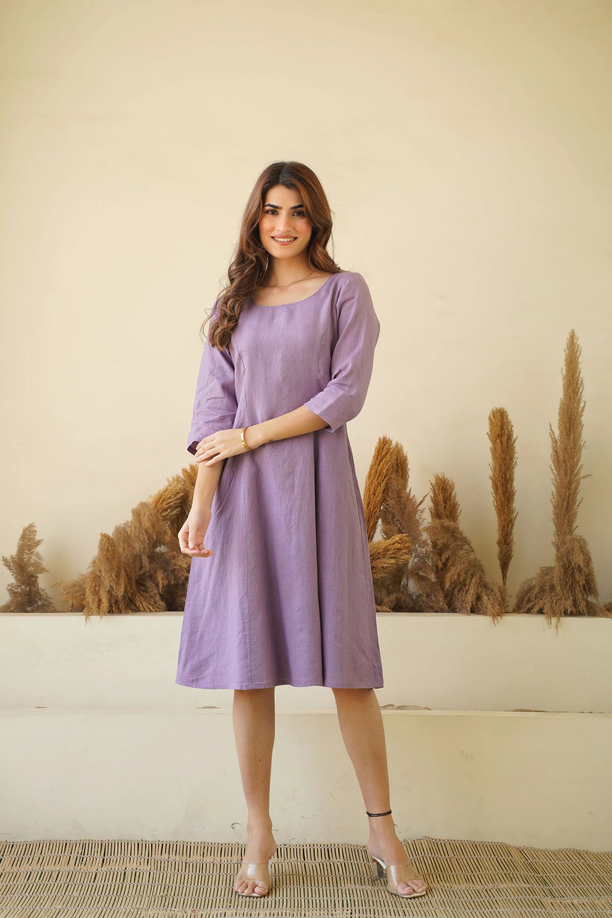 Lilac women linen dress Round neck linen tunic with princess seams long sleeve Zipper lining