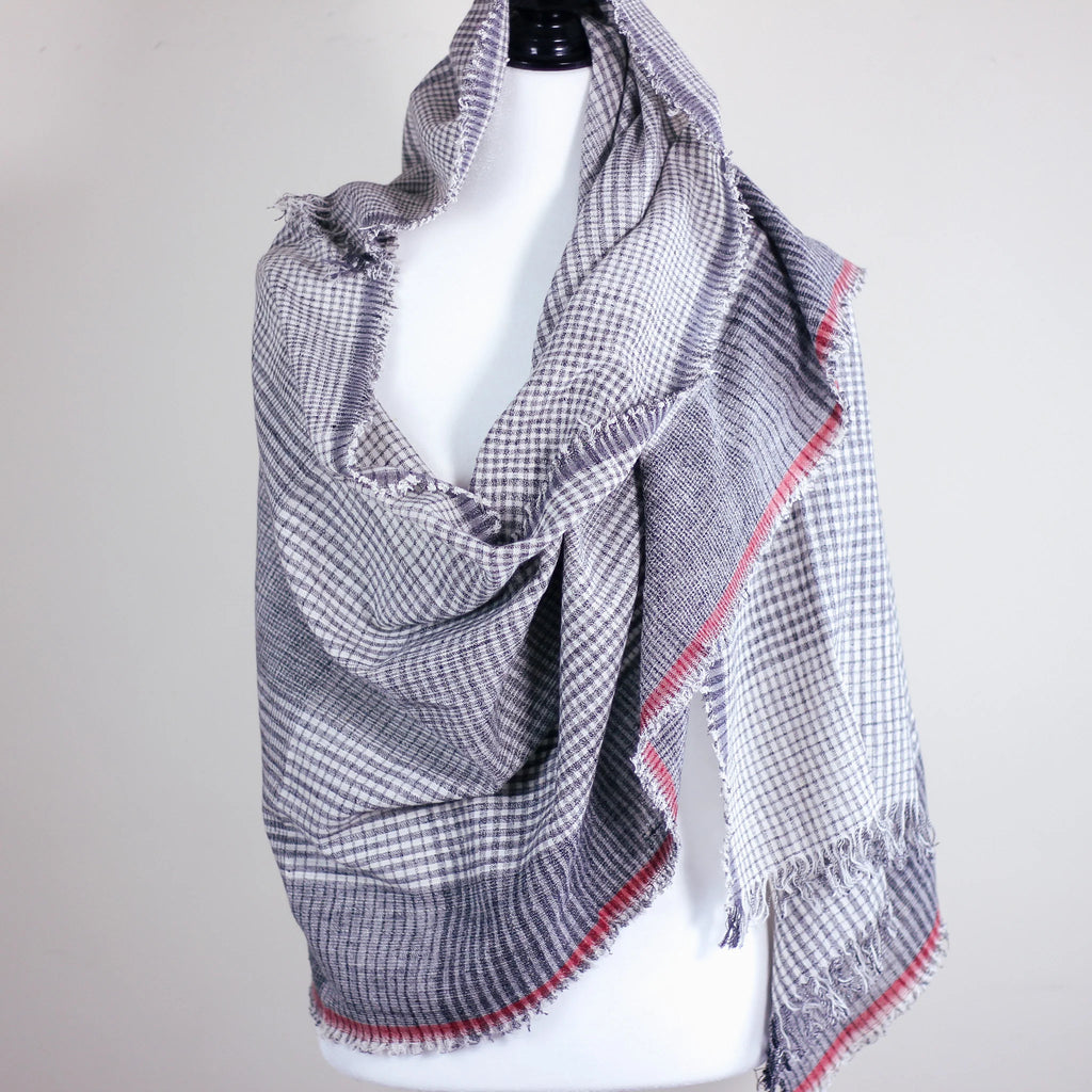 Handspun Handwoven Organic Cotton Scarf Wrap Frayed Edges Gray 25x77