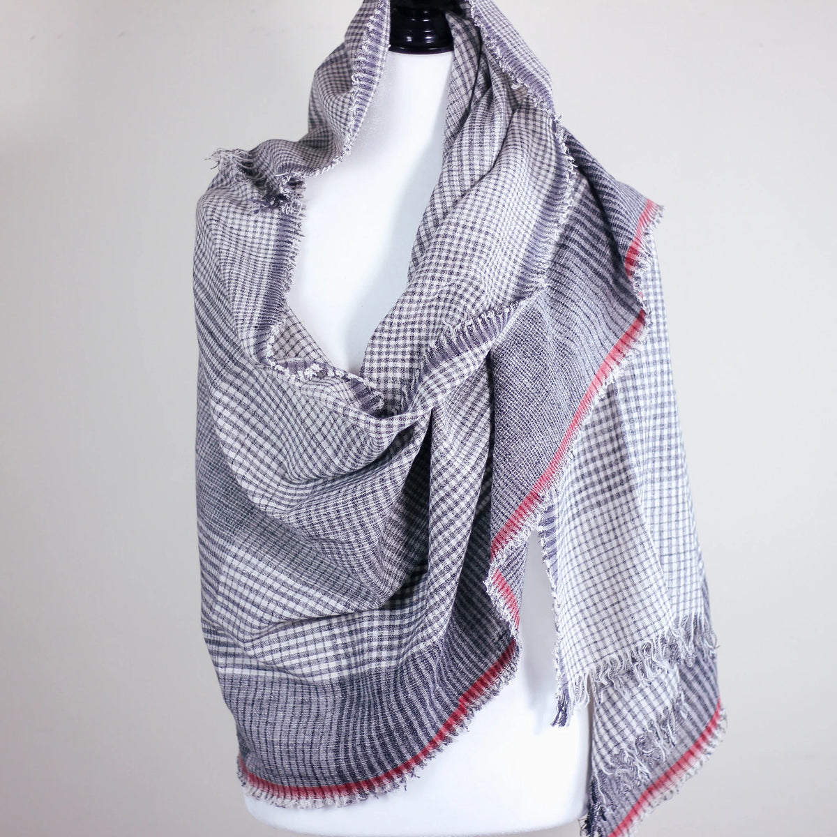 Handspun Handwoven Organic Cotton Scarf Wrap Frayed Edges Gray 25x77