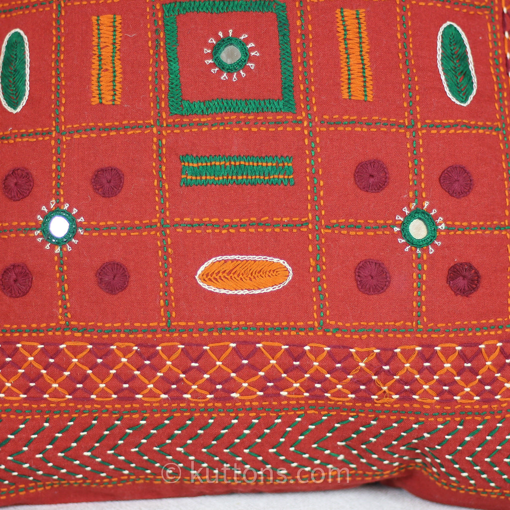 Tribal Lambani Hand Embroidered Cushion Cover With Kodi Sea Shell Tassels Banjara Decorative Throw Pillow Carmine 16x16