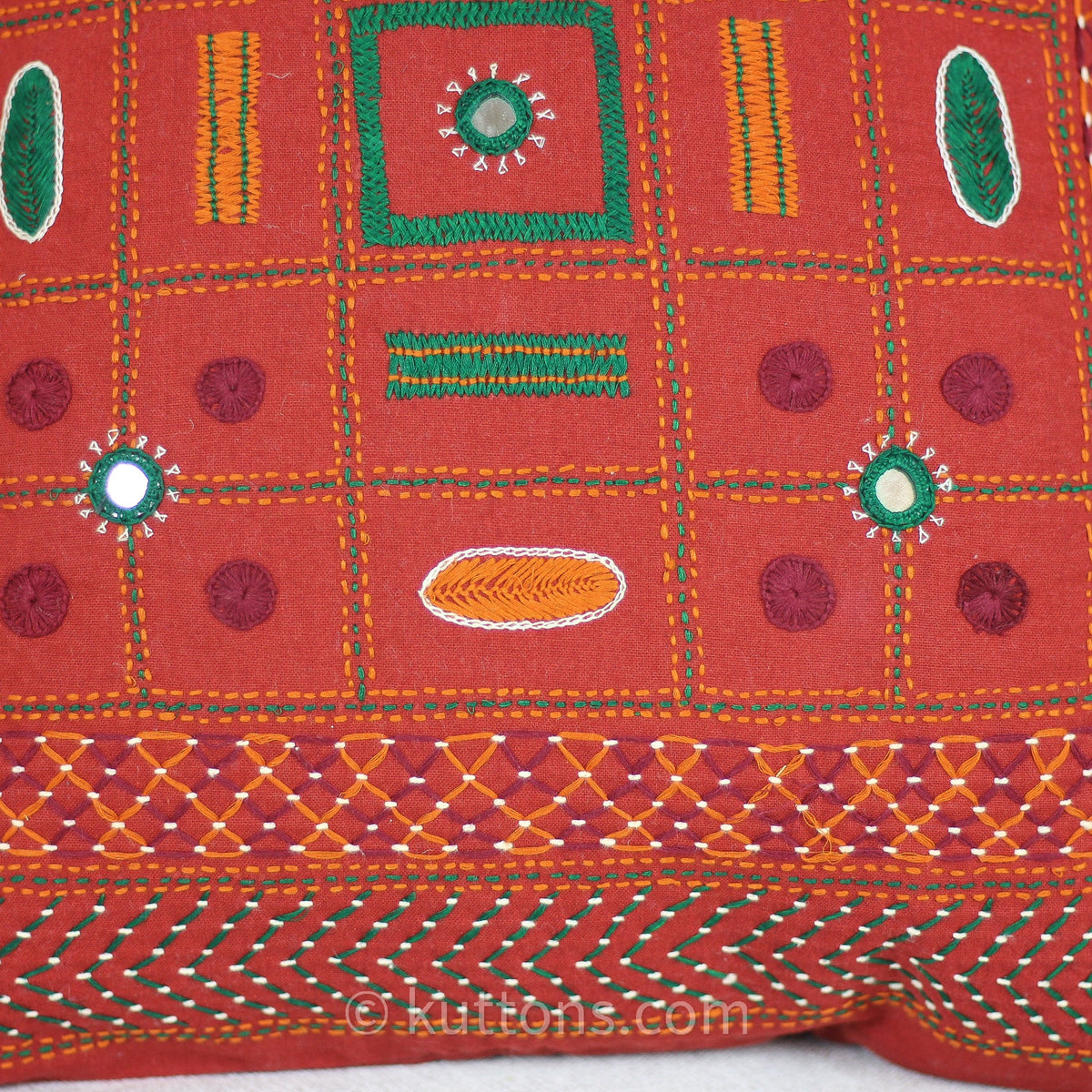 Tribal Lambani Hand Embroidered Cushion Cover With Kodi Sea Shell Tassels Banjara Decorative Throw Pillow Carmine 16x16