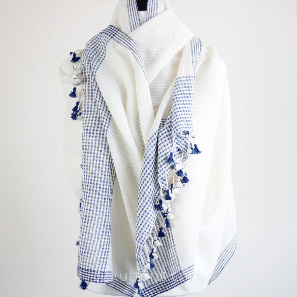 Organic Cotton Wrap Dyed with Natural Dyes Handspun Handwoven by Women Weavers White Blue 25x82
