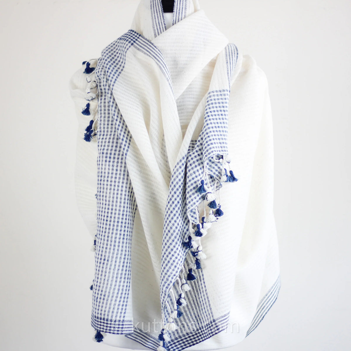 Organic Cotton Wrap Dyed with Natural Dyes Handspun Handwoven by Women Weavers White Blue 25x82