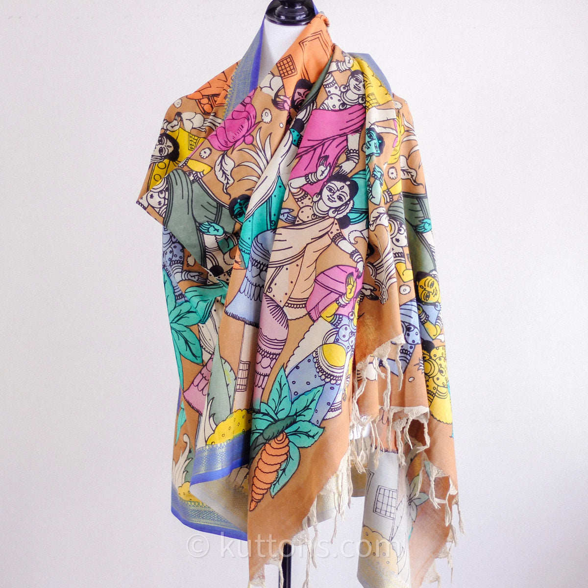 Ethnic Hand Painted Kalamkari Cotton Wrap Cum Art Deco Natural Colours Dancing Mudras Multicolour 35x92