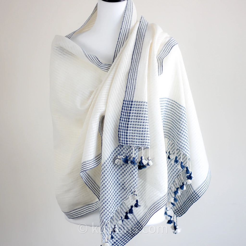 Organic Cotton Wrap Dyed with Natural Dyes Handspun Handwoven by Women Weavers White Blue 25x82