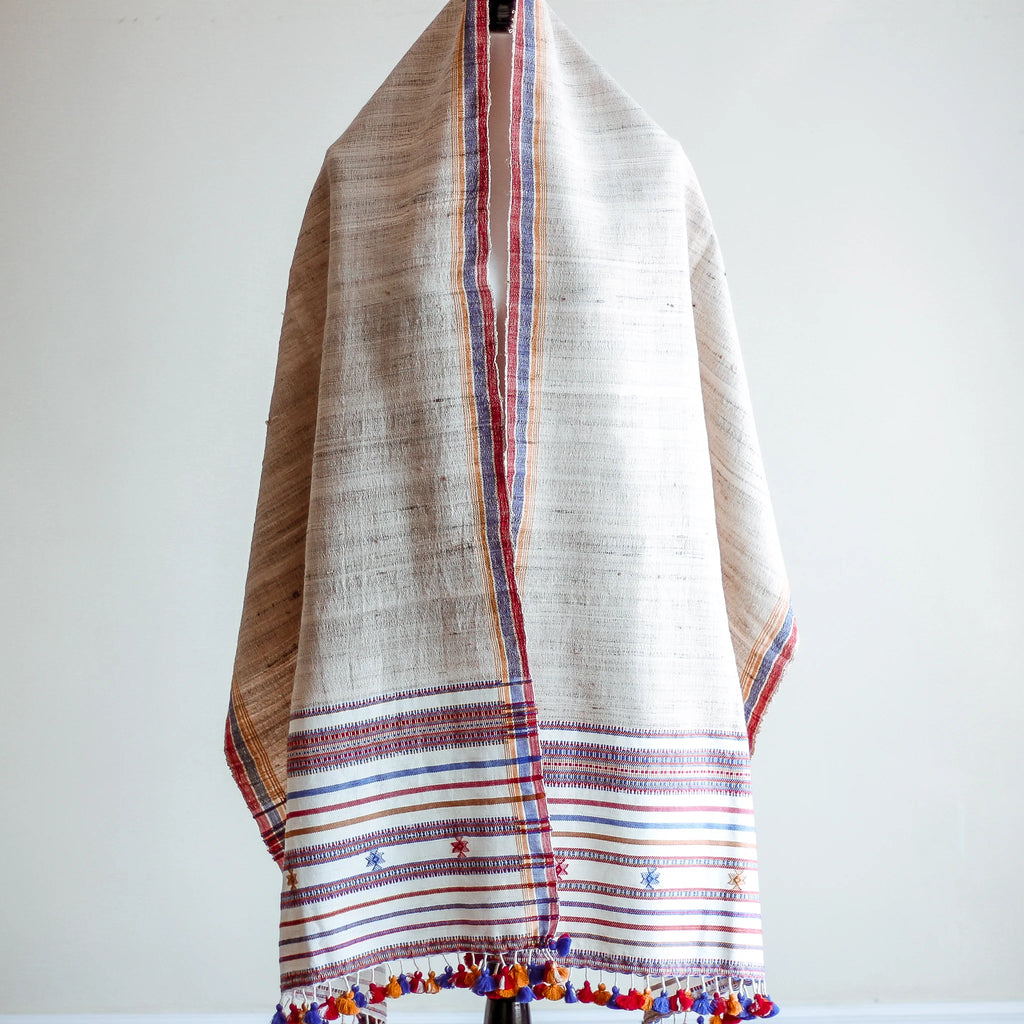Handwoven Wrap from Handspun Tussar Silk Fine Cotton Colourful Tassels Beige Stole 24x86