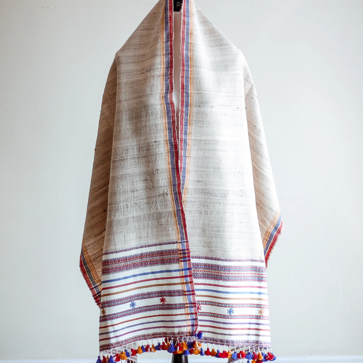 Handwoven Wrap from Handspun Tussar Silk Fine Cotton Colourful Tassels Beige Stole 24x86