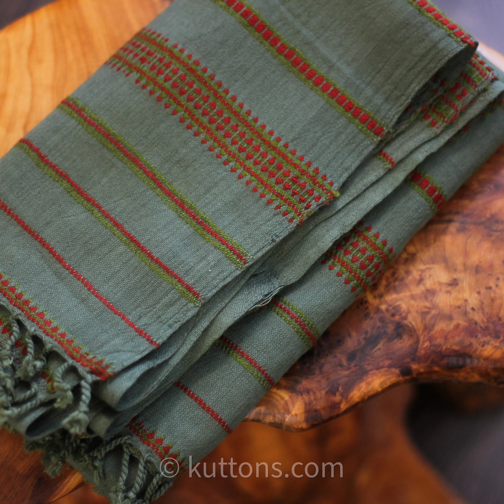 Organic Kala Cotton Scarf Handwoven Stole with Tassels Green 22x76