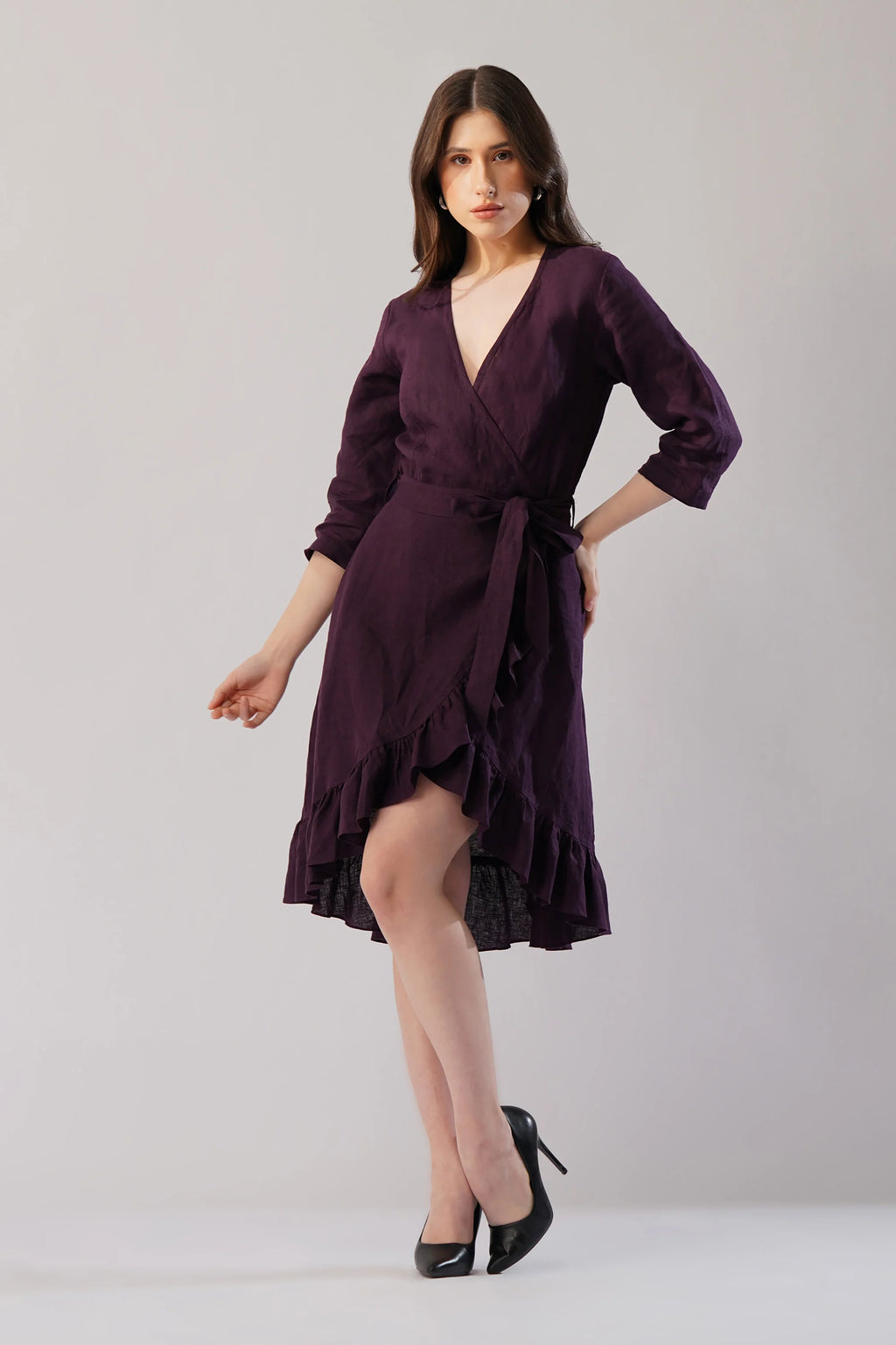 Elara Wrap Linen Dress Asymmetric Hem Ruffle Detail European Linen