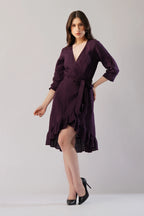 Elara Wrap Linen Dress Asymmetric Hem Ruffle Detail European Linen