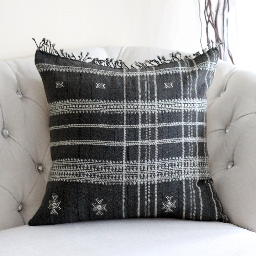 Bhujodi 100 Wool Organic Cotton Pillow Cover Rustic Handwoven Cushion with Tassels Dark Gray Pair