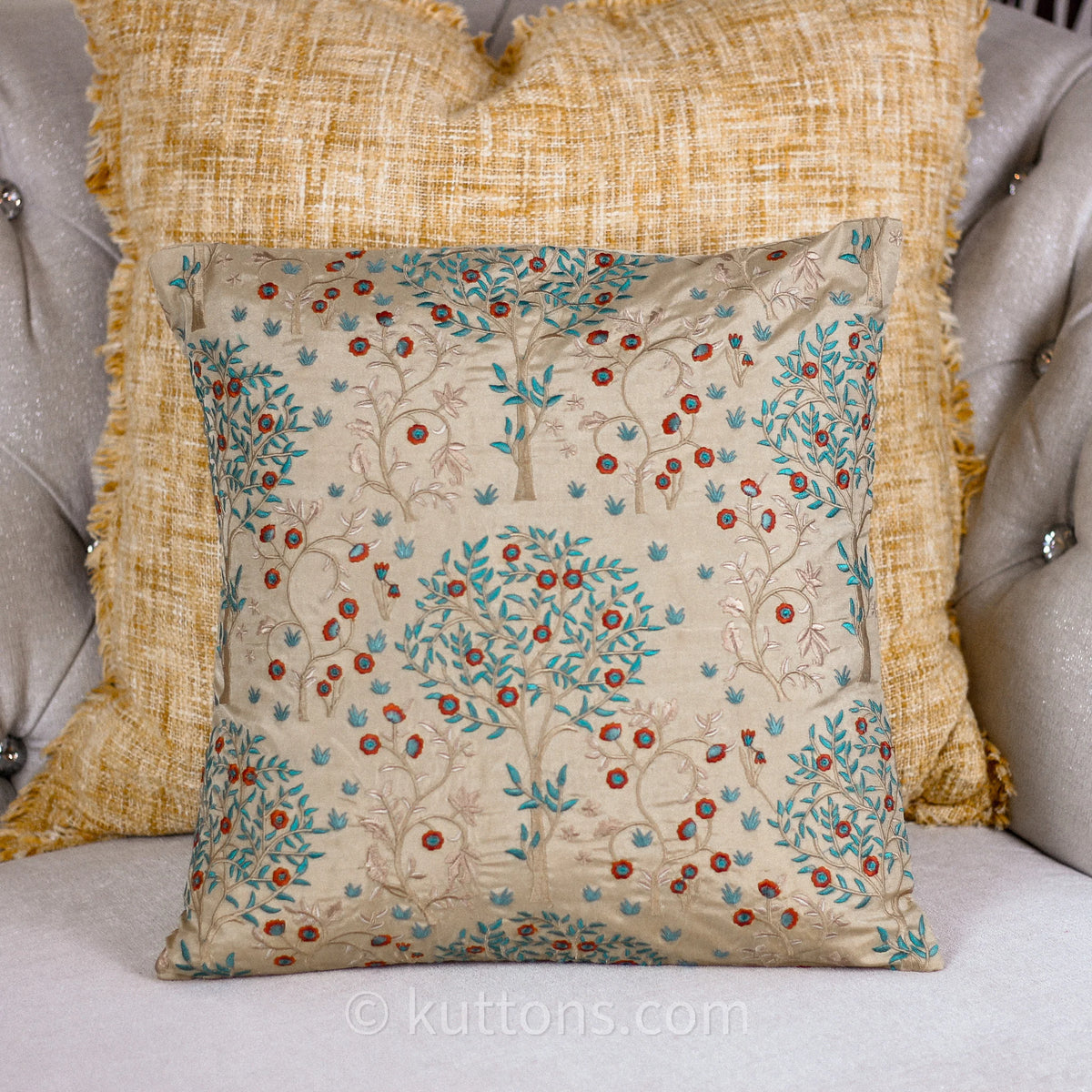 Silk Blend Decorative Cushion Cover with Exquisite Embroidery Beige 16x16