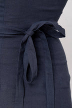 Fitted Square Neck European Linen Midi Dress with Back Tie