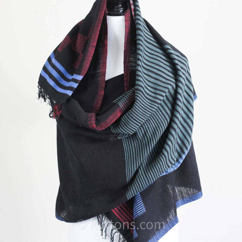 Handspun Handwoven Cotton Scarf with Frayed Edges Azo Free Vat Dyes Black Blue 24x82