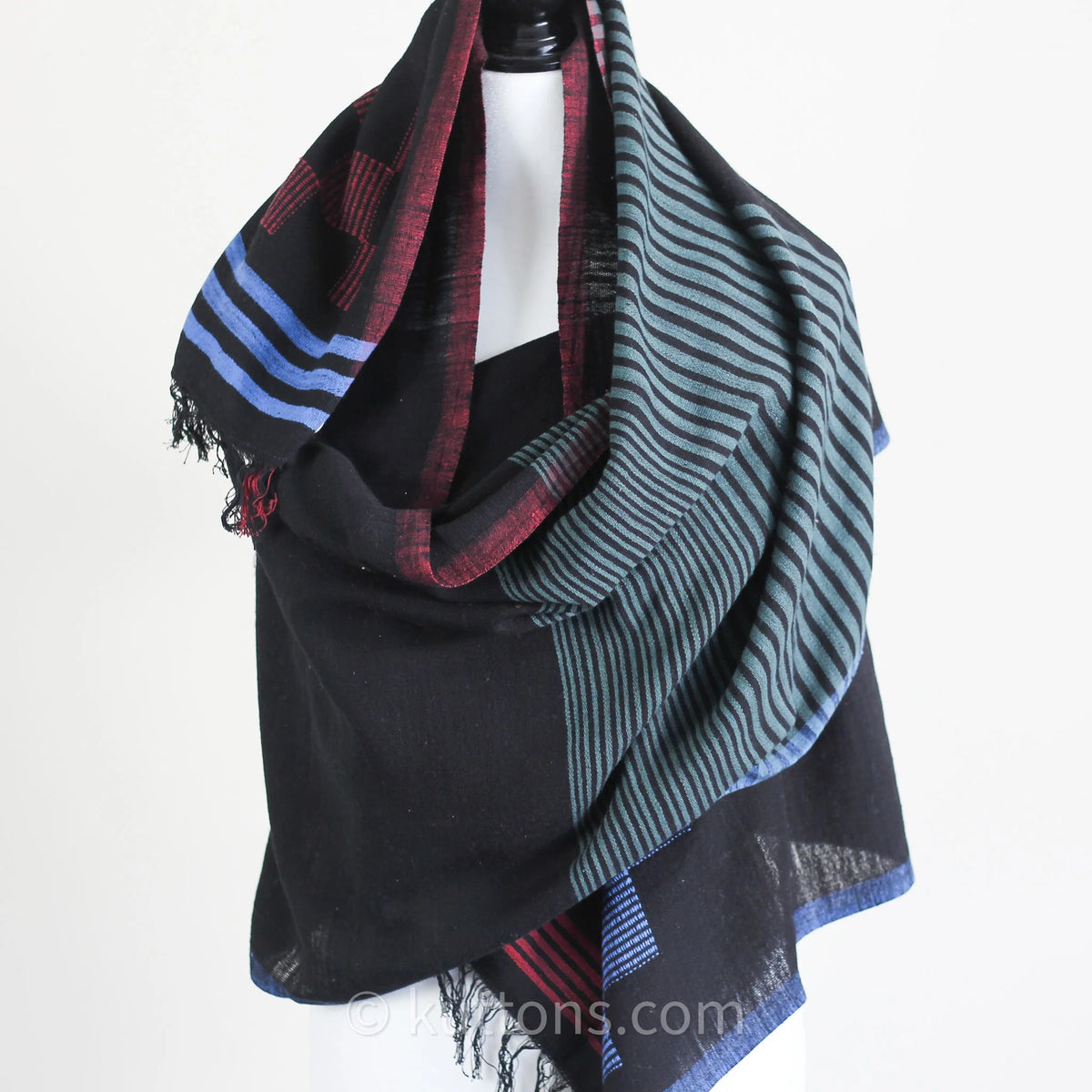 Handspun Handwoven Cotton Scarf with Frayed Edges Azo Free Vat Dyes Black Blue 24x82