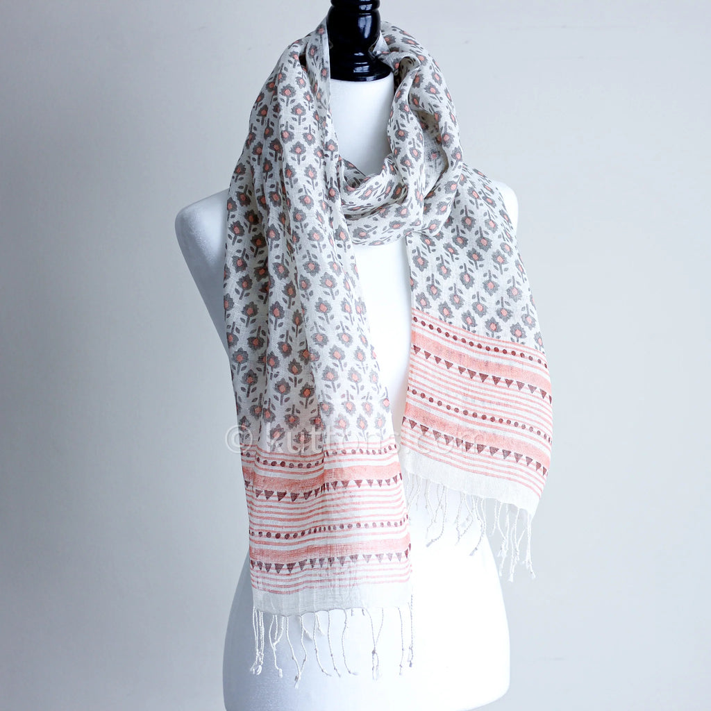 100 Linen Floral Hand Block Printed Stole Striped Border with Tassels Cream Peach 20x71