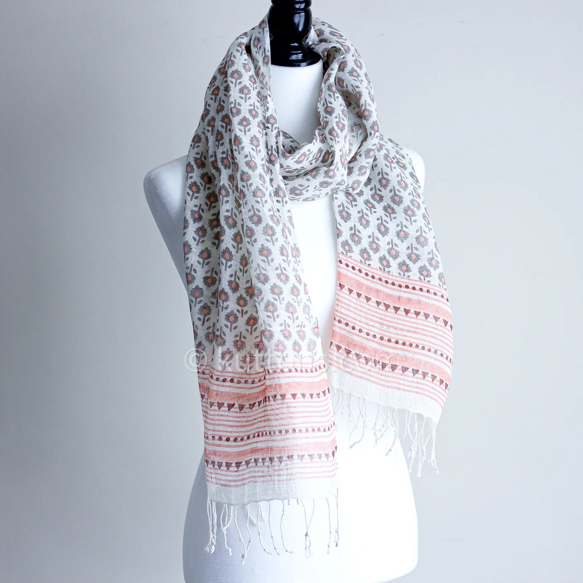 100 Linen Floral Hand Block Printed Stole Striped Border with Tassels Cream Peach 20x71