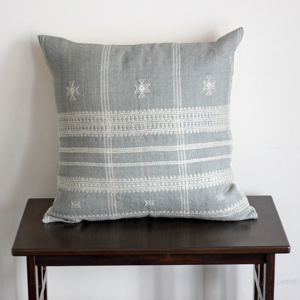 Handwoven Bhujodi Wool Cotton Cushion Cover Vintage Rustic Pillow Gray Blue 20x20