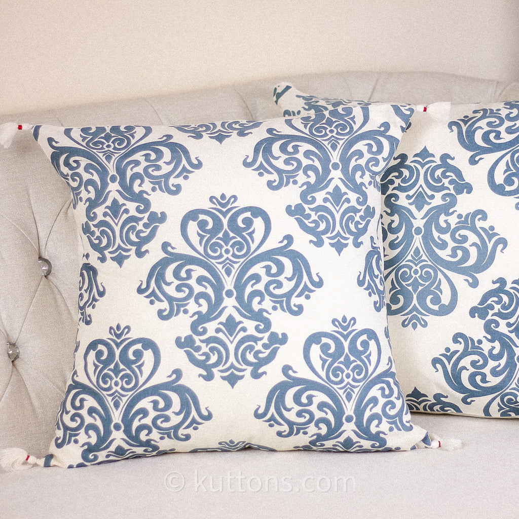 100 Cotton Throw Pillow Cover Hand Screen Printed with Damask Motif Corner Tassels Cream Blue Set of 2 20x20