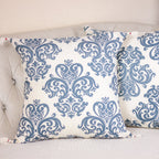 100 Cotton Throw Pillow Cover Hand Screen Printed with Damask Motif Corner Tassels Cream Blue Set of 2 20x20