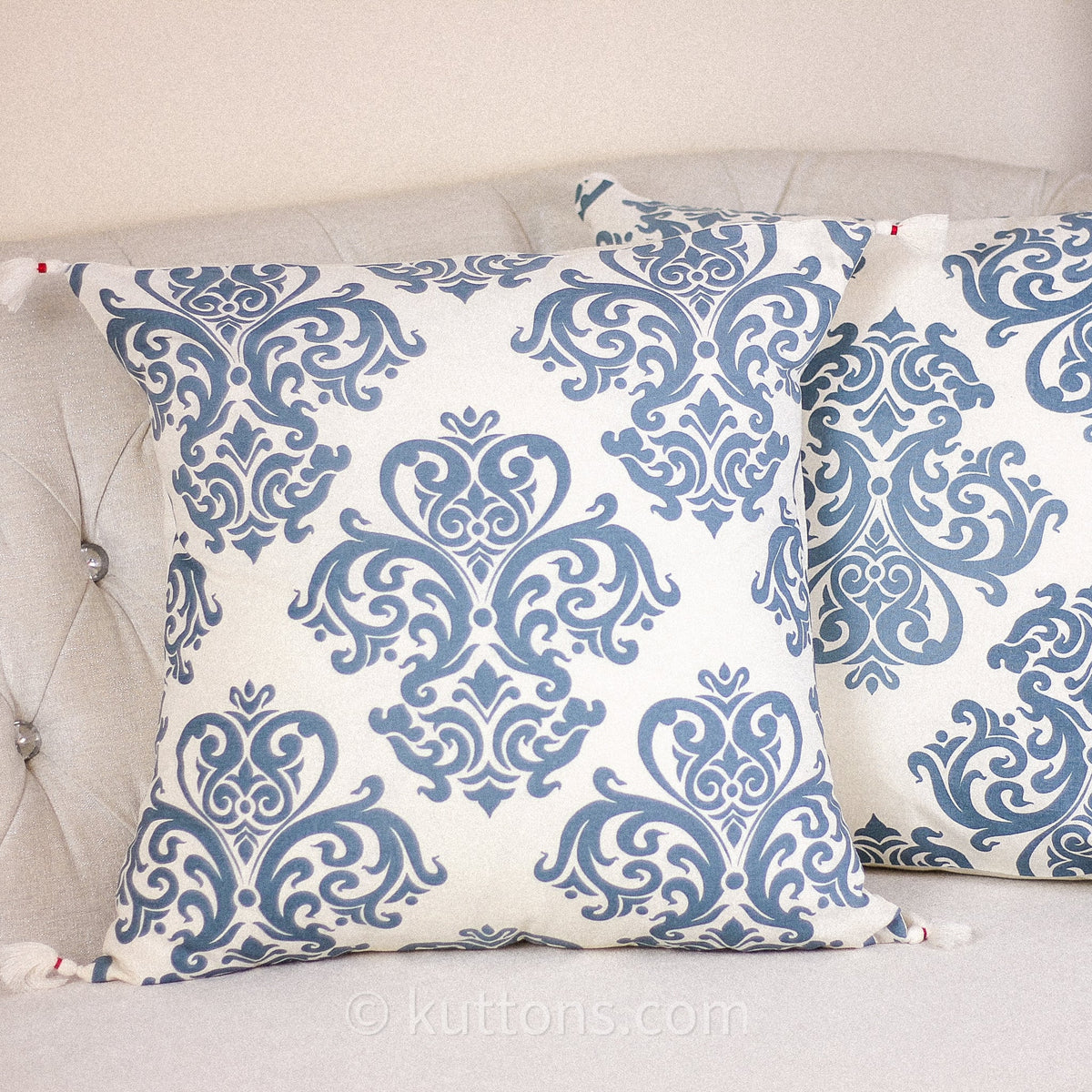 100 Cotton Throw Pillow Cover Hand Screen Printed with Damask Motif Corner Tassels Cream Blue Set of 2 20x20