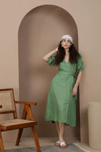 The Elegant Linen Wrap Midi Dress Puff Sleeves