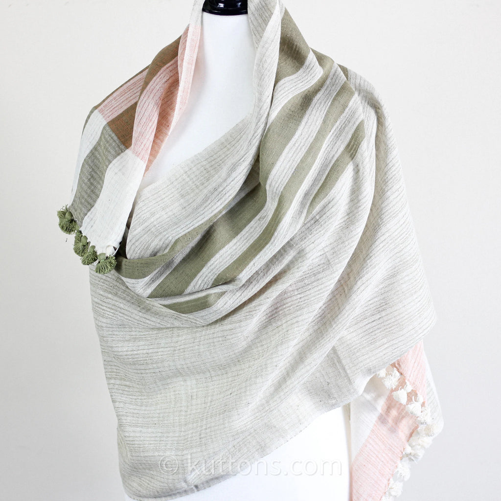 Naturally Dyed Organic Cotton Scarf with Tassels Handspun Handwoven Light Airy Stole White Pink 26x78